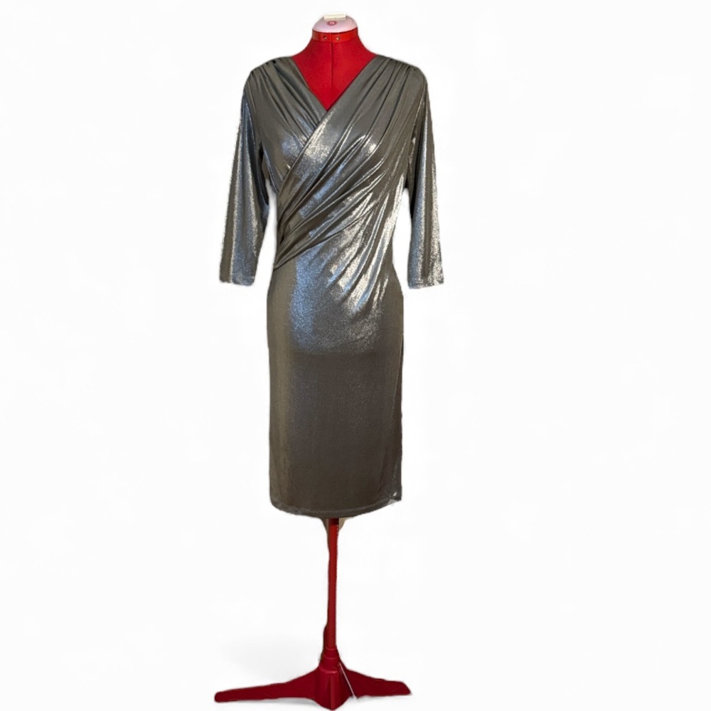 Pink Tartan Metallic Platinum Silver Drape Twist Long Sleeve Dress Size XS